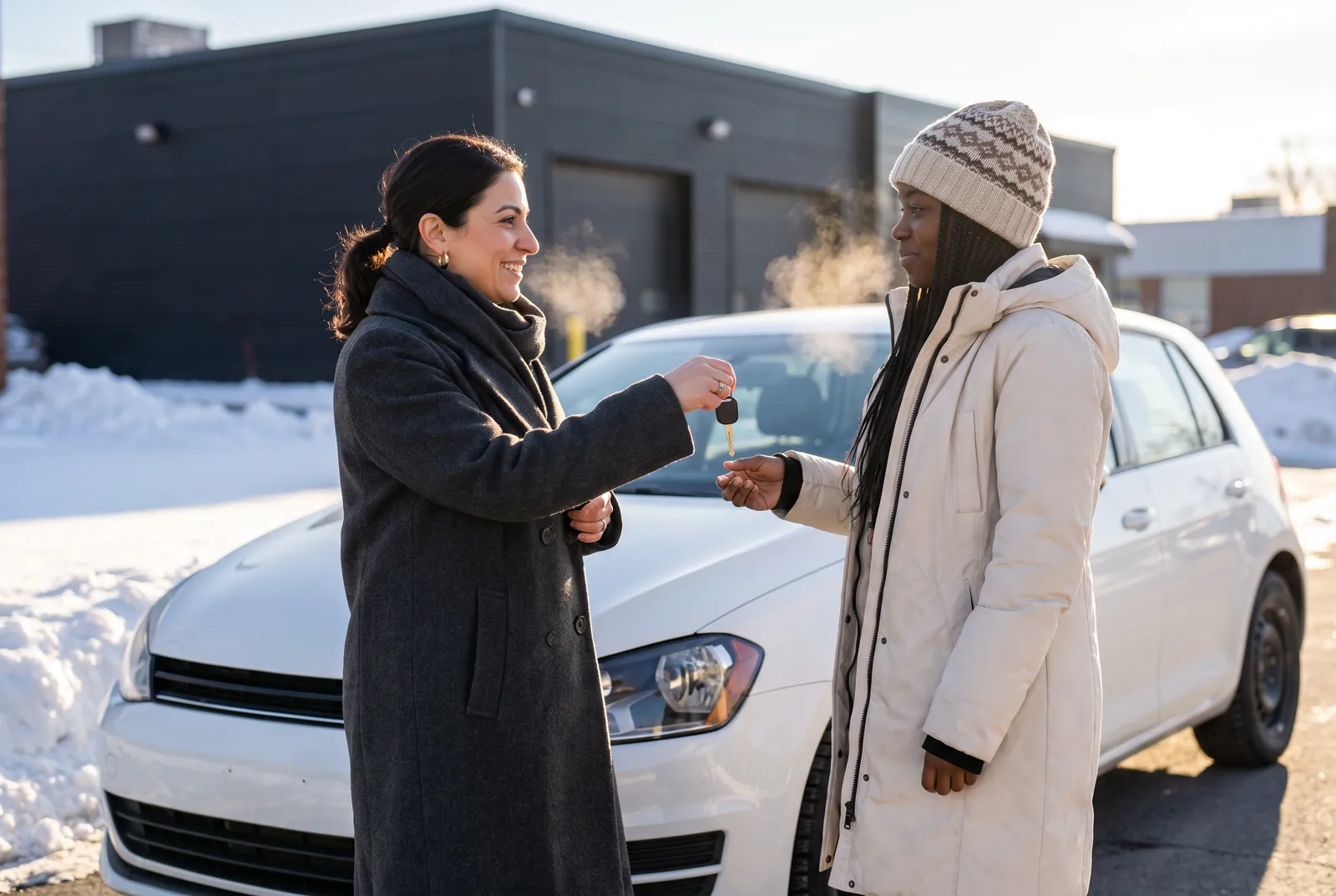 Un matin d’hiver, Nadia remet la clé d’une voiture de courtoisie blanche à une cliente.