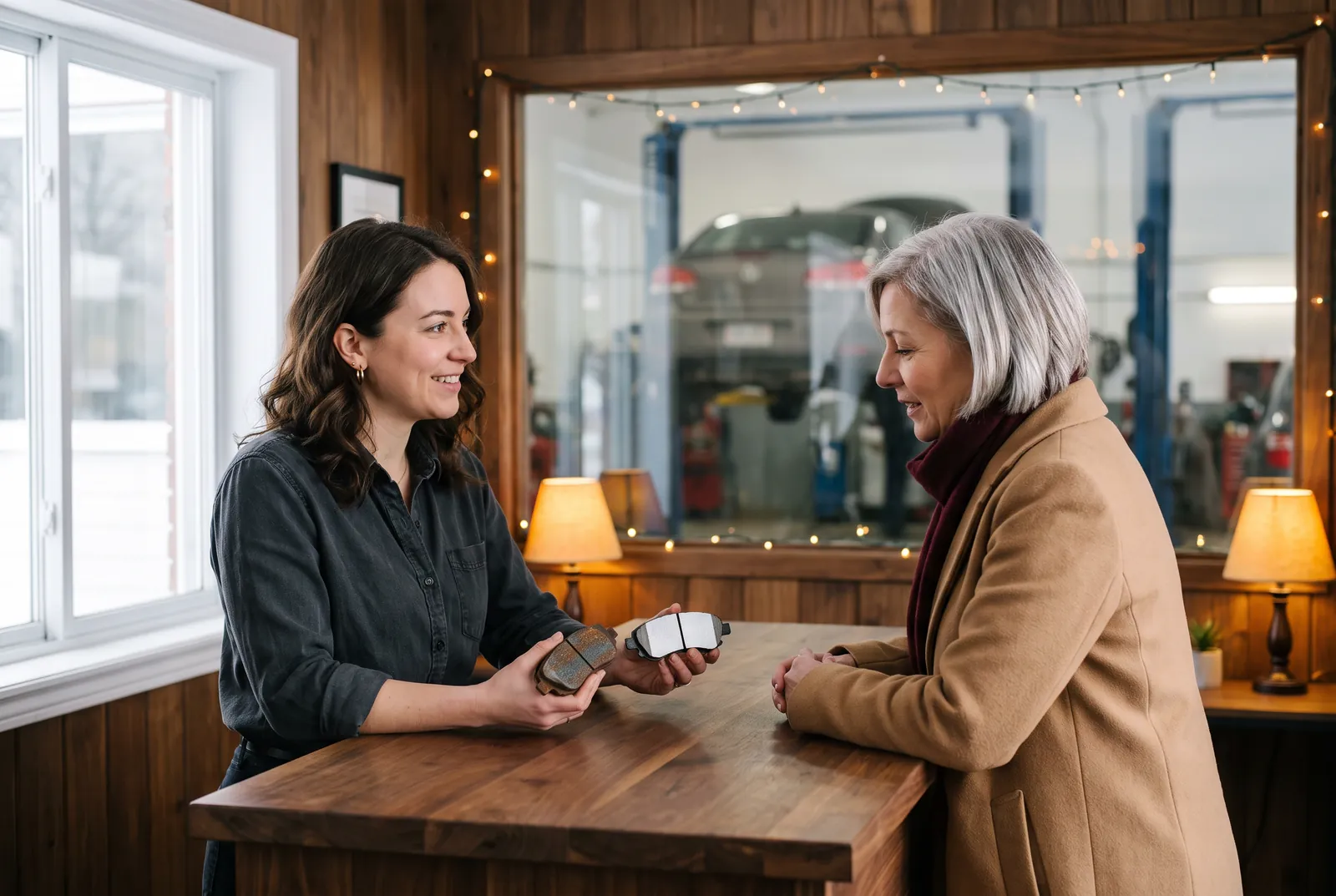 Au comptoir, Nadia montre à une cliente une plaquette de frein usée à côté d’une neuve.