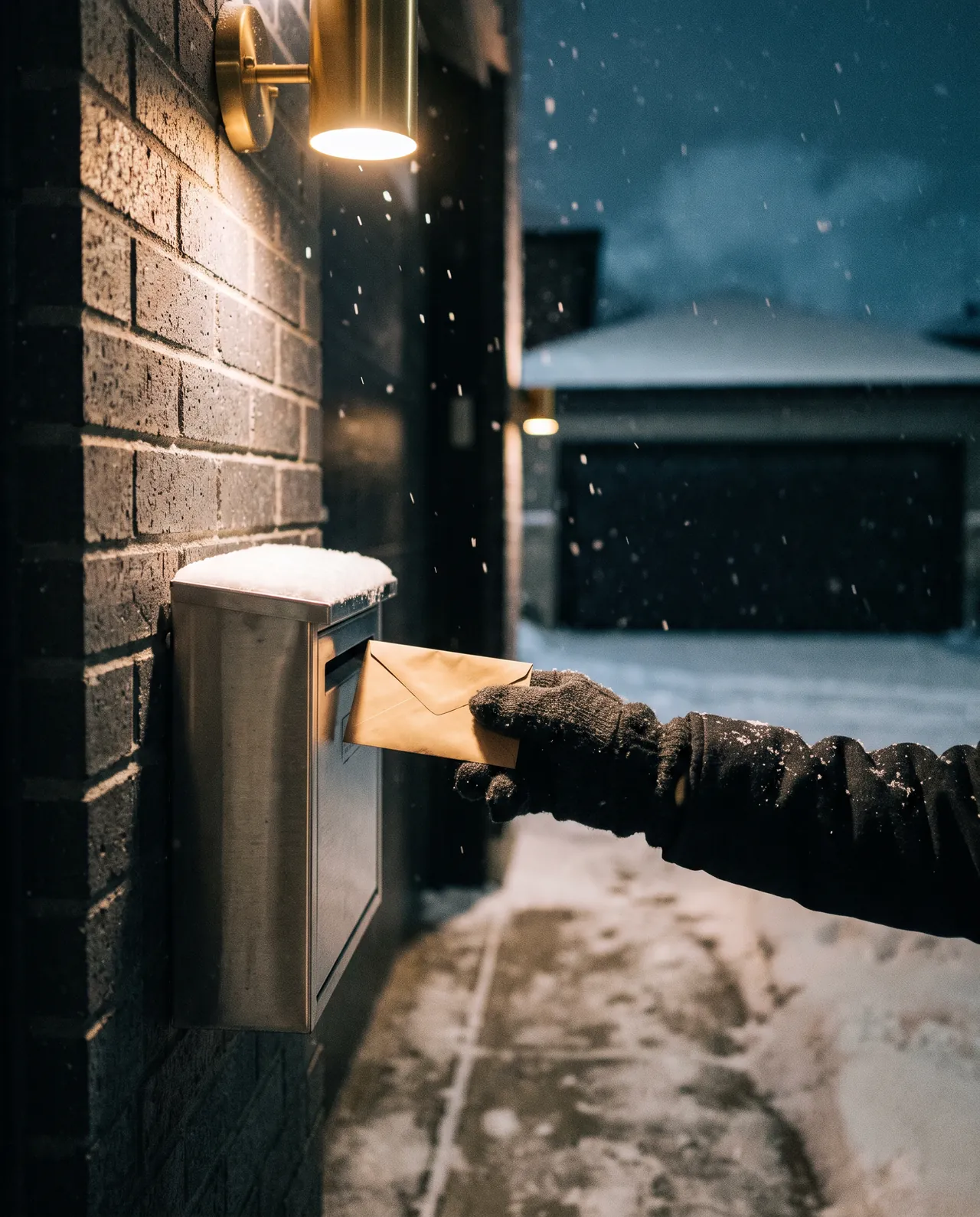 La nuit, sous la neige, une main gantée glisse une enveloppe avec une clé dans la boîte de dépôt de l’atelier.