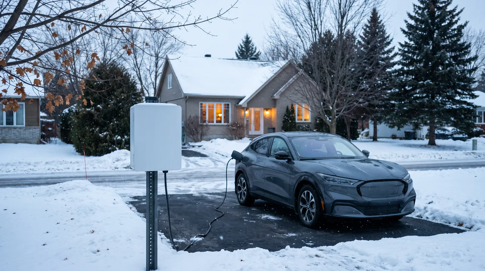 Borne de recharge sur poteau au bord d'une entrée enneigée, un véhicule électrique branché