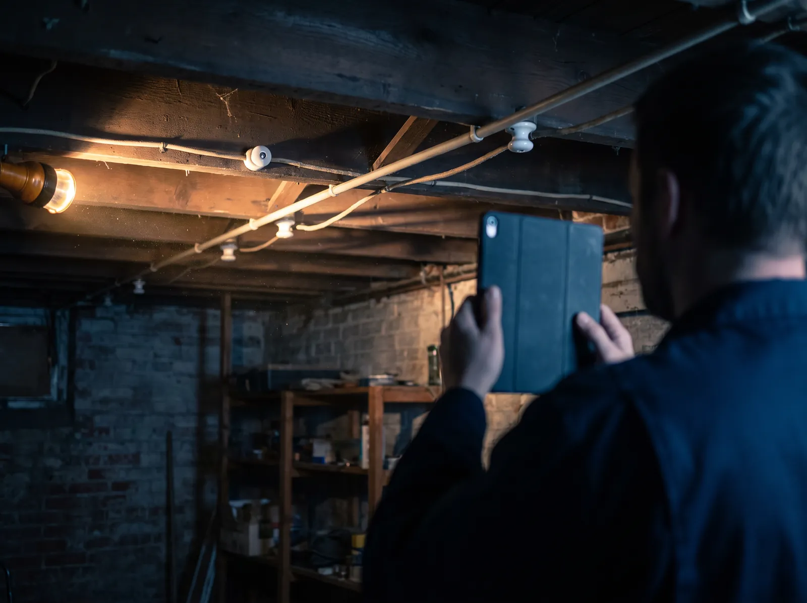 Électricien qui photographie du vieux filage à boutons et tubes dans le sous-sol d'un plex