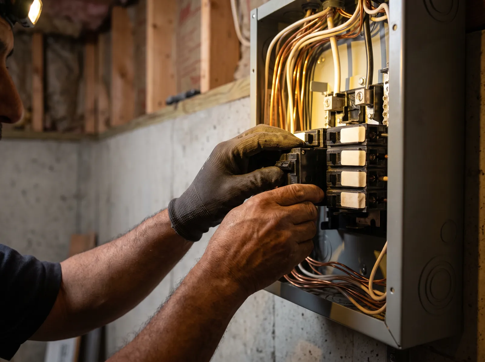 Électricien qui installe un disjoncteur dans un panneau 200 A neuf