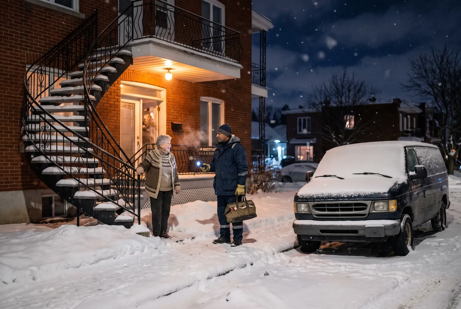 Électricien de garde accueilli à la porte d'un duplex enneigé, un soir d'hiver