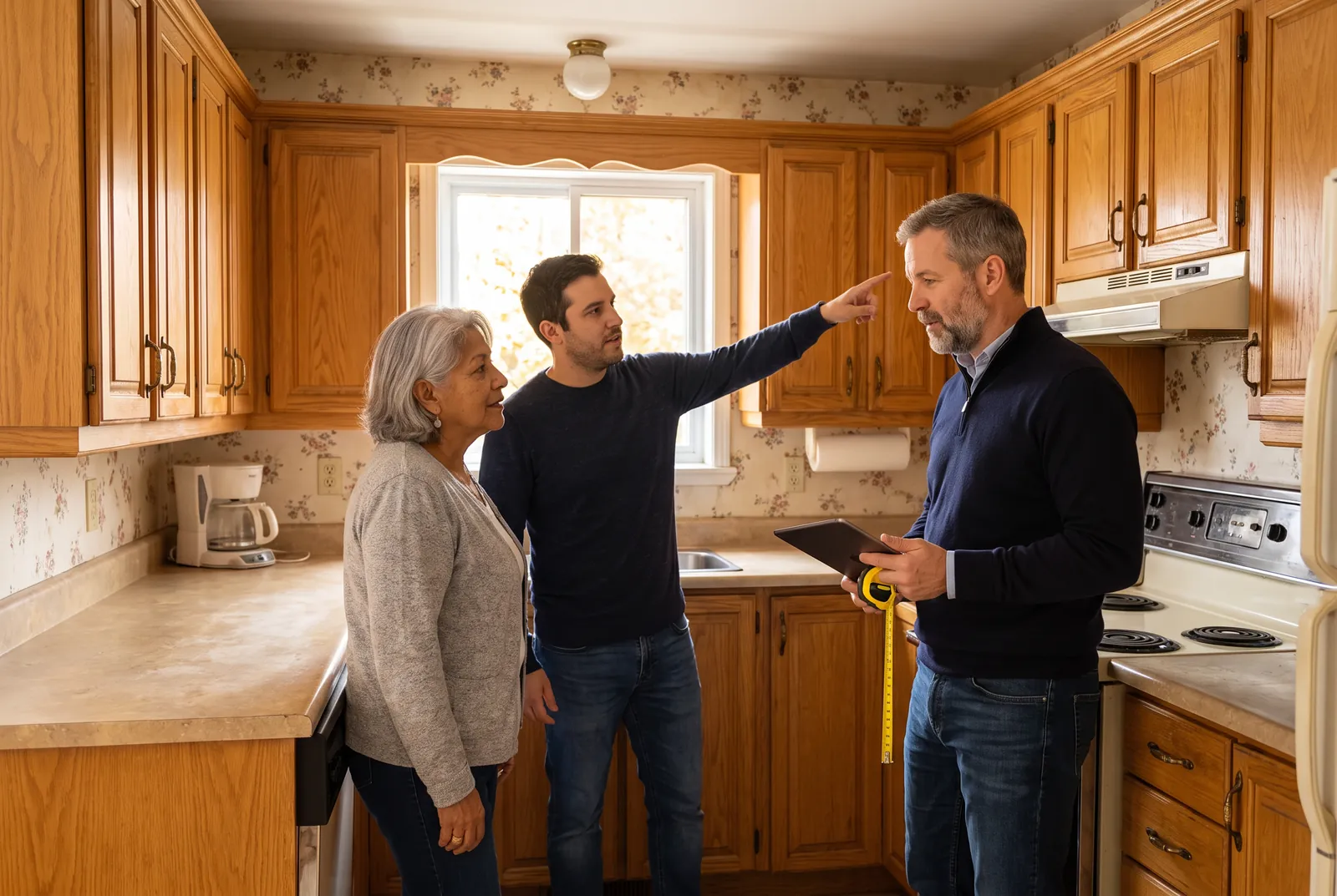 Visite-conseil : l'estimateur écoute une propriétaire et son fils dans leur cuisine
