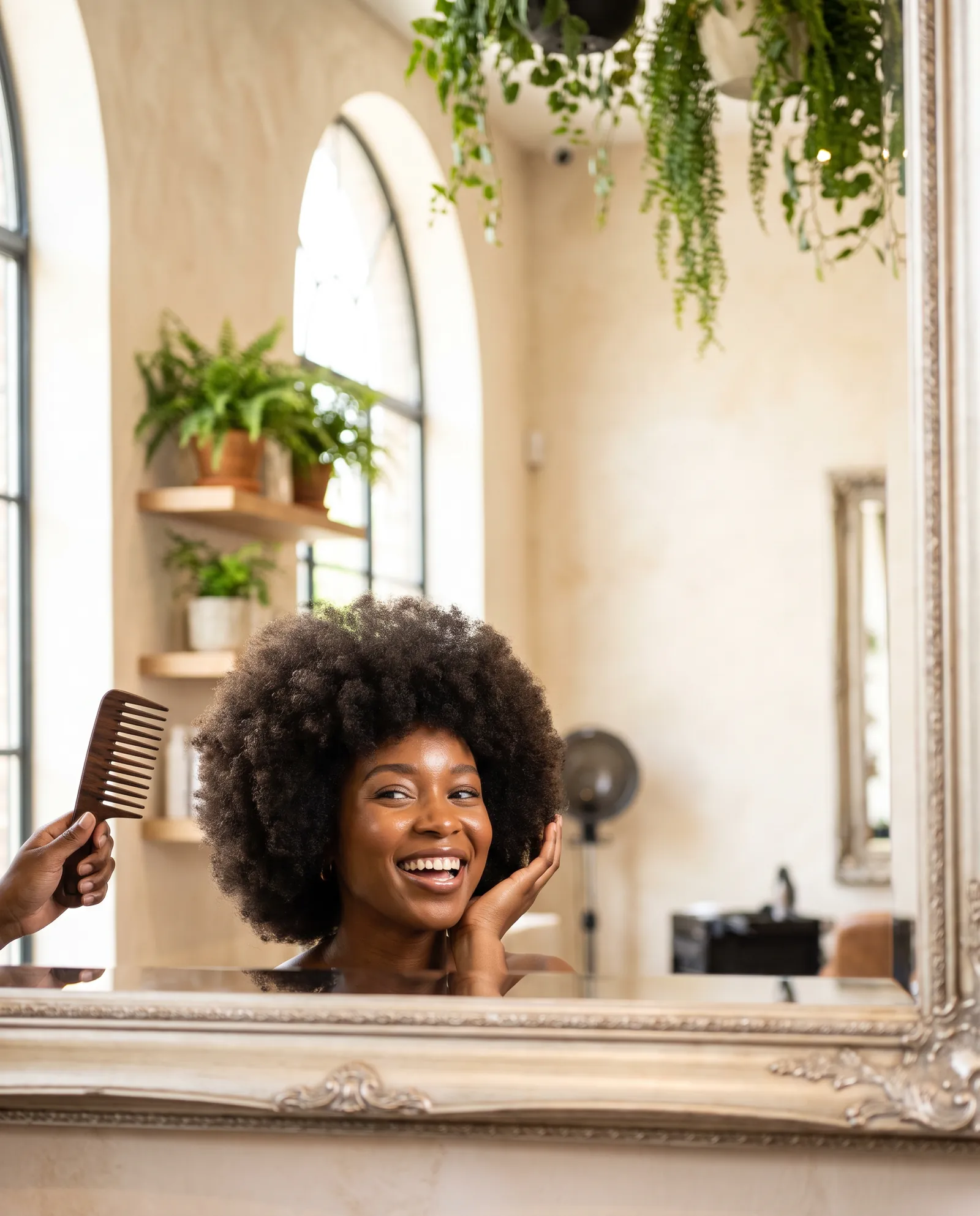 Une cliente sourit à son reflet après une coupe bouclée à sec