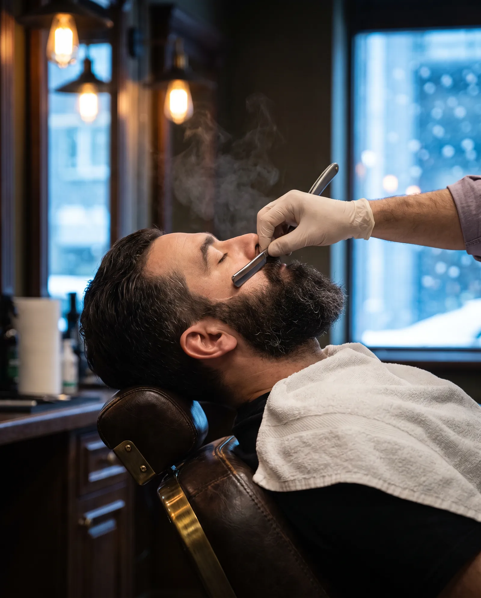 Un barbier taille une barbe au rasoir droit après la serviette chaude