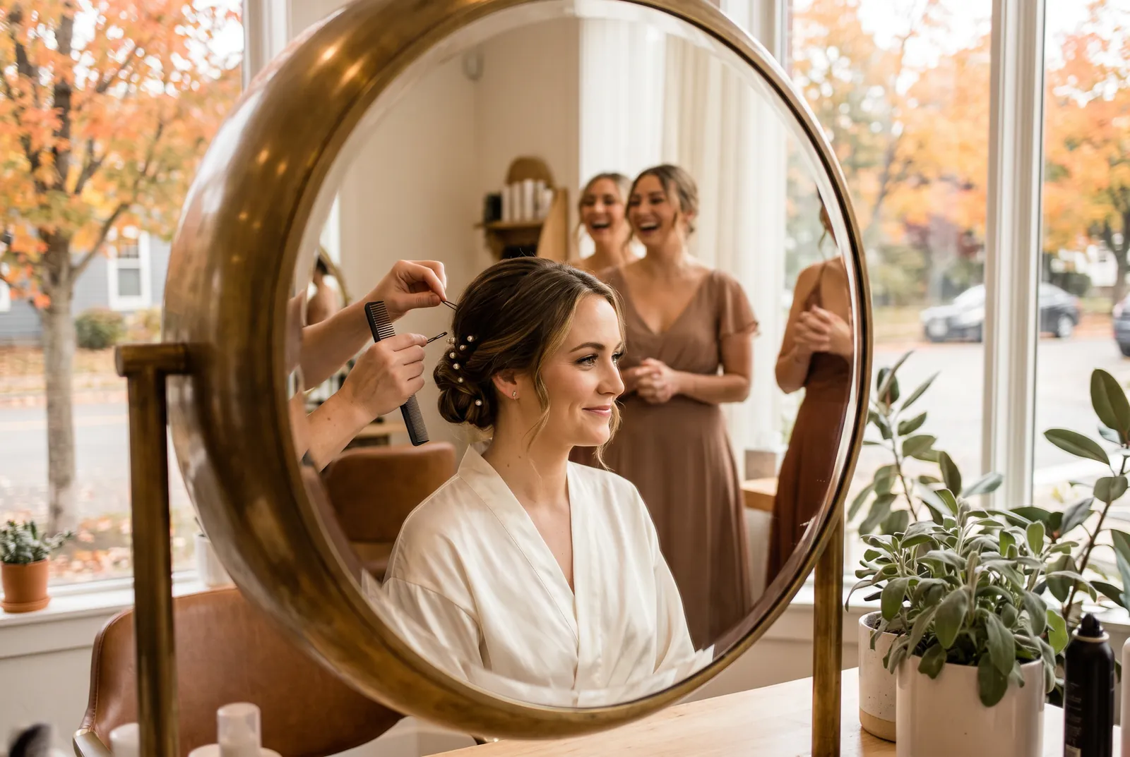 Une mariée en chignon de perles, vue dans un miroir rond, un matin d’automne
