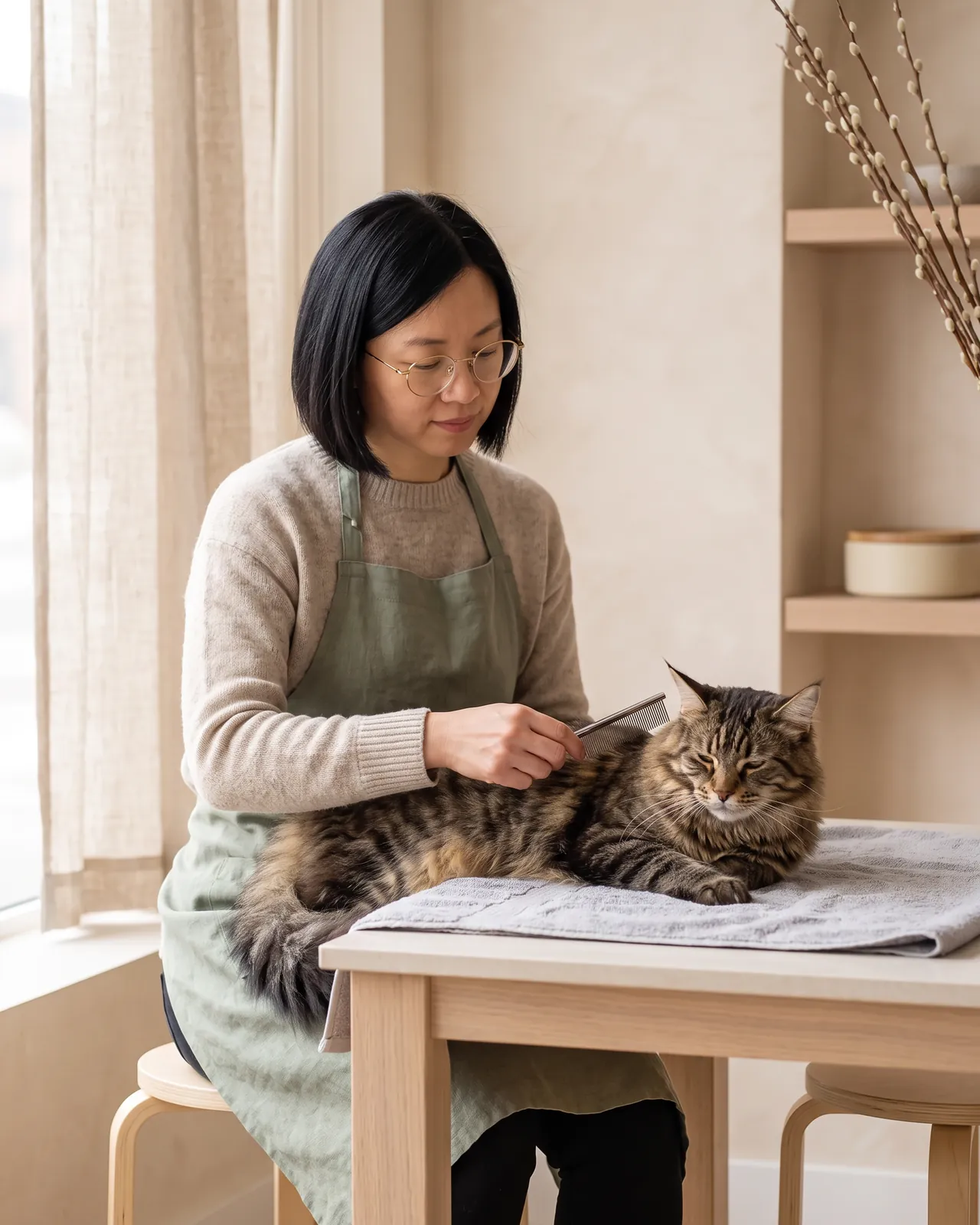 Mei peigne lentement un Maine Coon tigré, détendu sur une serviette grise