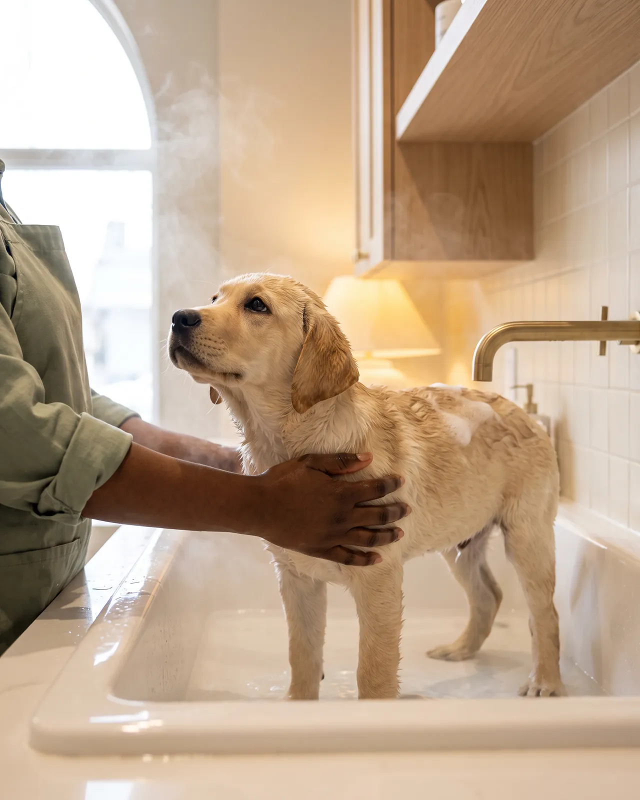 Un chiot labrador jaune dans un bain peu profond, soutenu par des mains douces