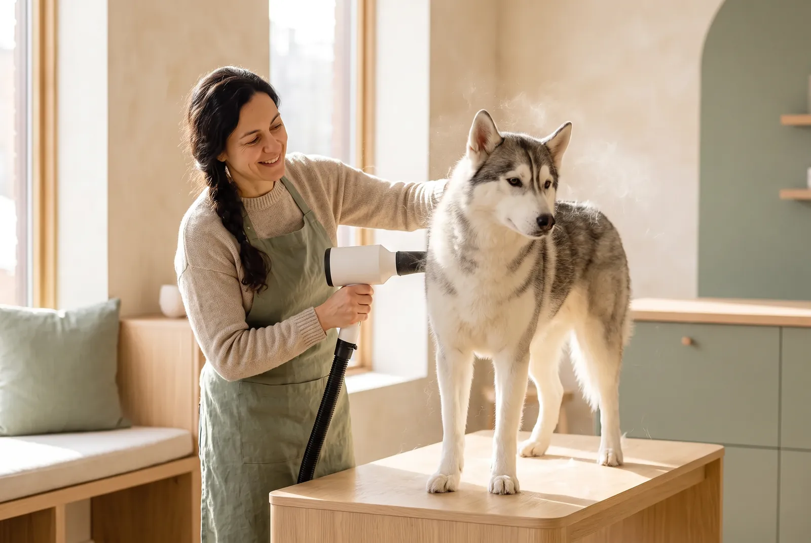 Sofia sèche un husky au séchoir haute vélocité, dans la lumière du printemps