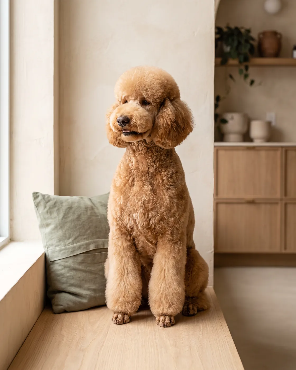 Un caniche royal abricot fraîchement toiletté, assis sur un banc de chêne