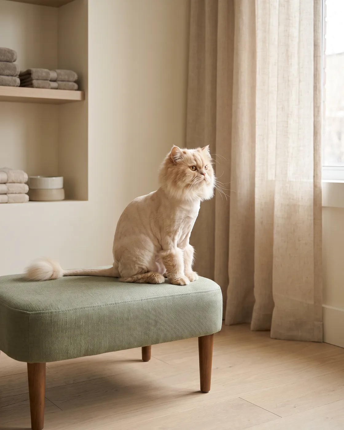 Un persan crème en coupe lion, assis sur un tabouret vert saule