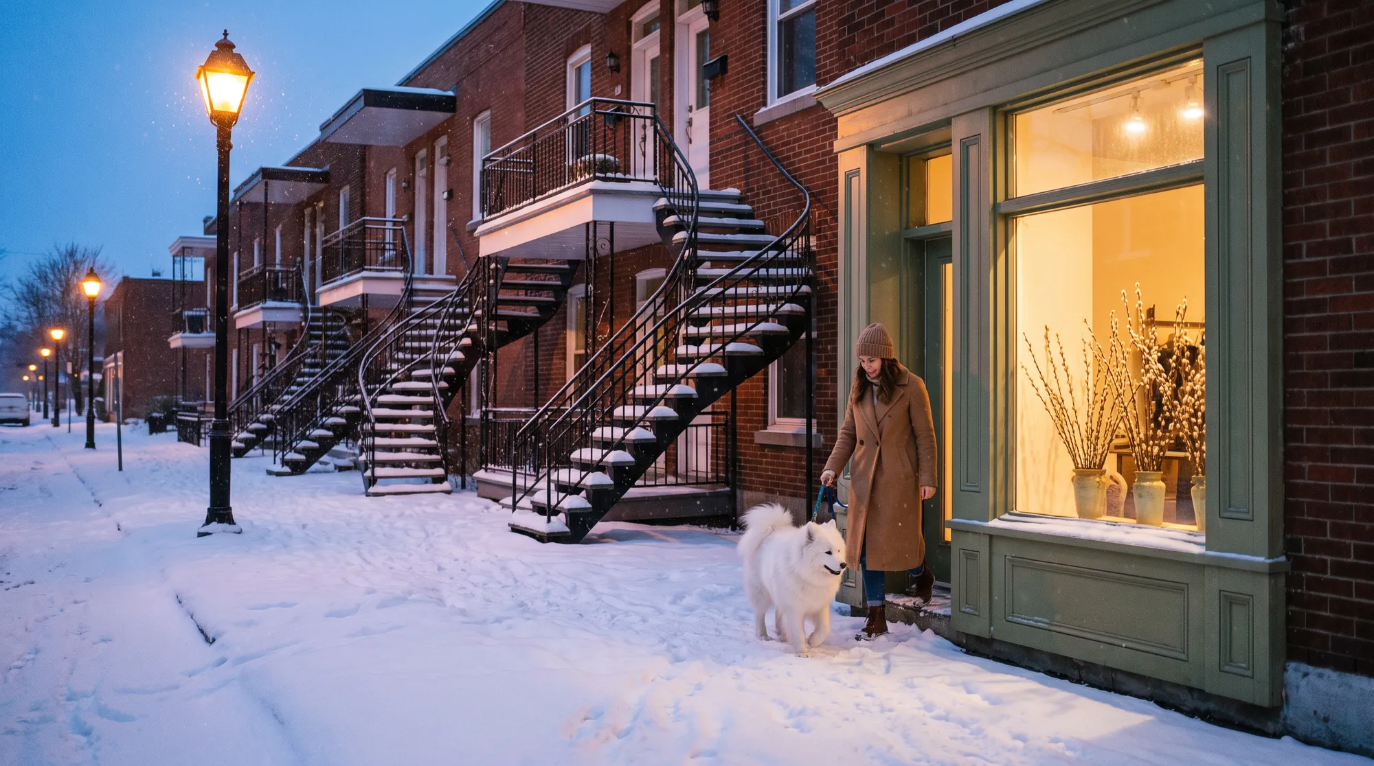 Un soir de neige à Verdun : escaliers extérieurs en fer forgé, et un samoyède fraîchement toiletté qui sort du salon