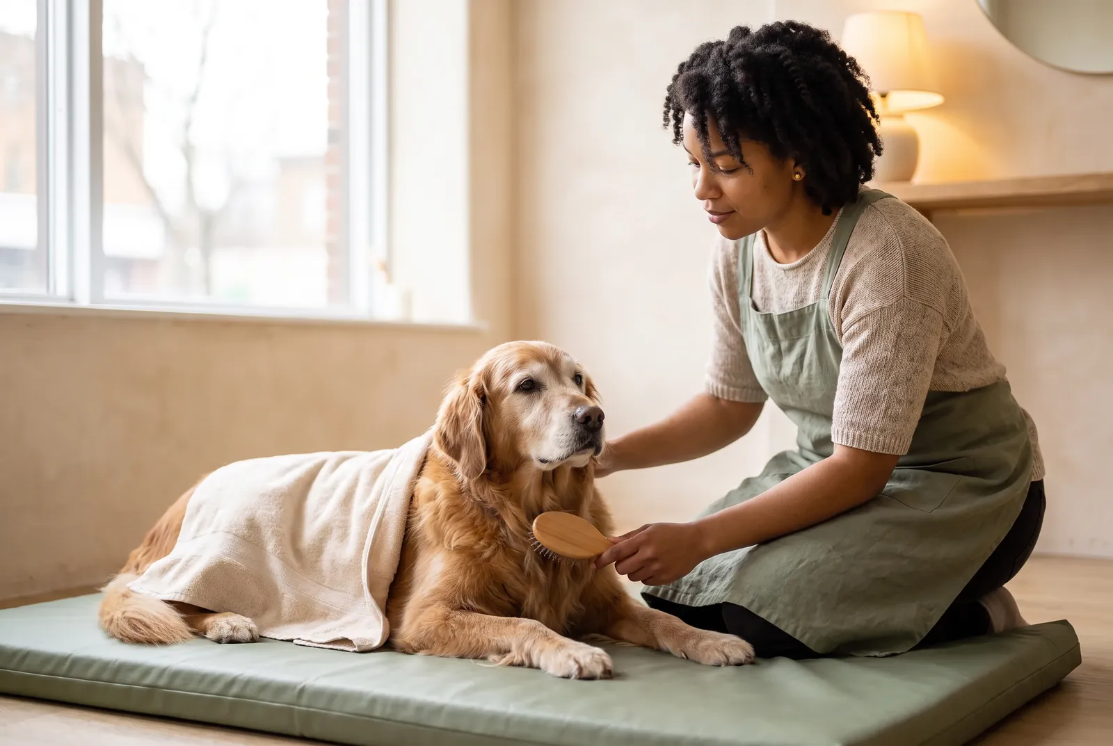 Amara brosse doucement un golden retriever âgé, couché sur un tapis antidérapant