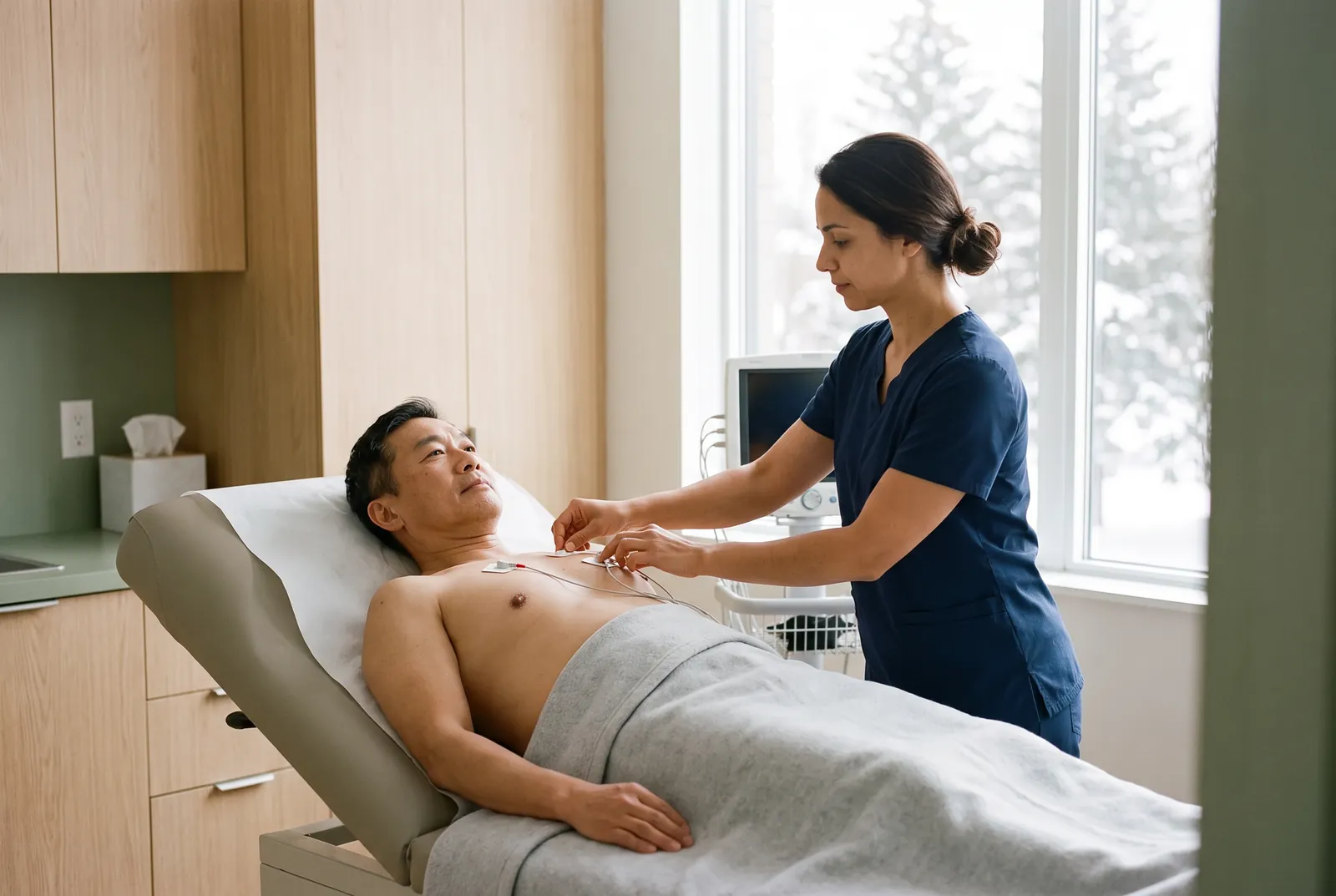 Ana, l’infirmière clinicienne, pose les électrodes d’un ECG pendant un Bilan Signature.