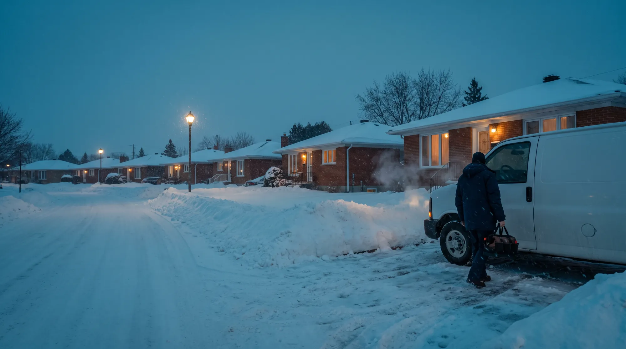Rue de Laval enneigée à l’heure bleue, un plombier se rend chez un client avec son coffre à outils