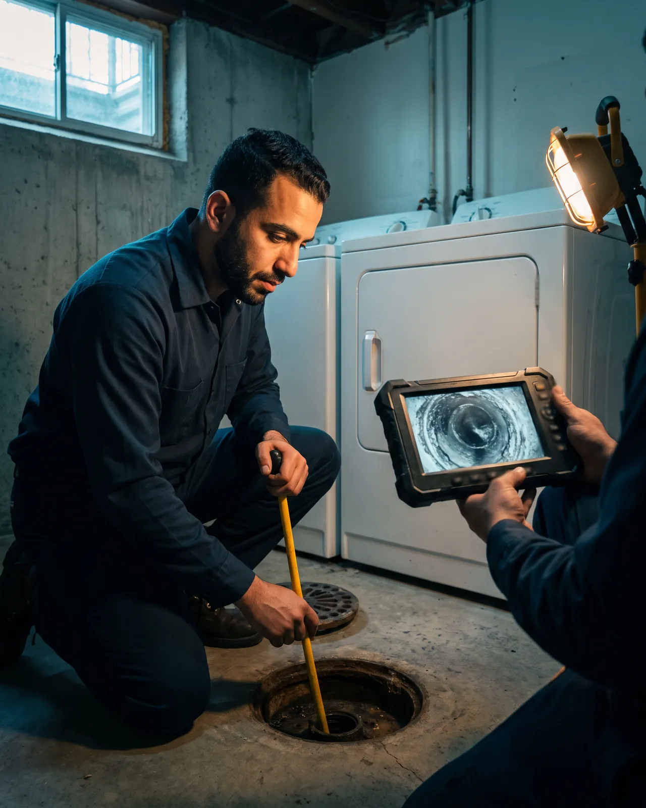 Un plombier insère la caméra d’inspection dans un drain de plancher pendant qu’un collègue suit l’image à l’écran