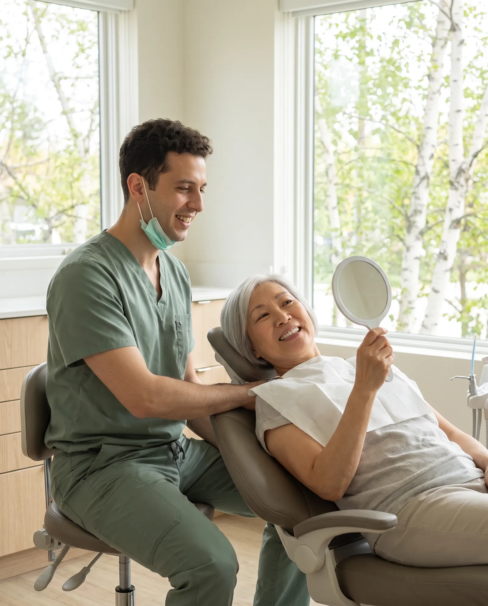 Theo, hygiéniste, tend un miroir à une patiente souriante après son nettoyage