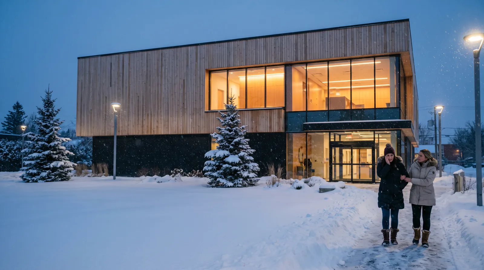 L'entrée de la clinique un soir d'hiver, sous la neige