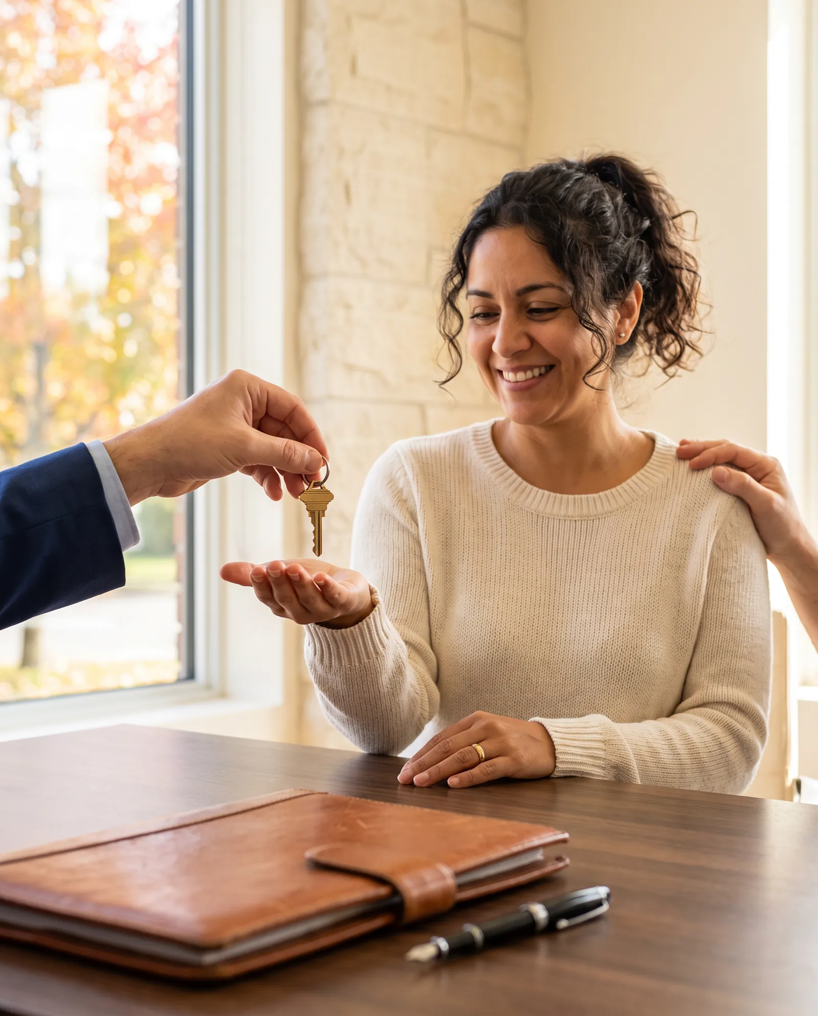 Une notaire remet la clé d'une première maison dans la main d'une jeune femme souriante