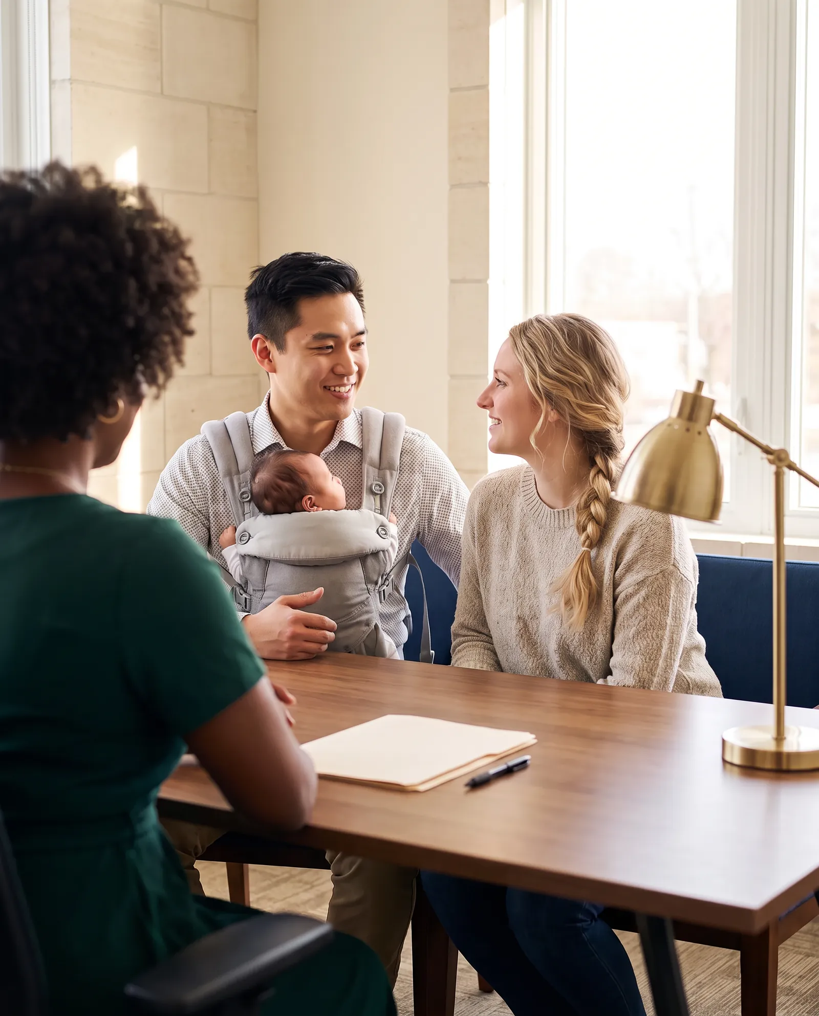De jeunes parents, leur nouveau-né endormi dans un porte-bébé, sourient pendant une rencontre chez la notaire