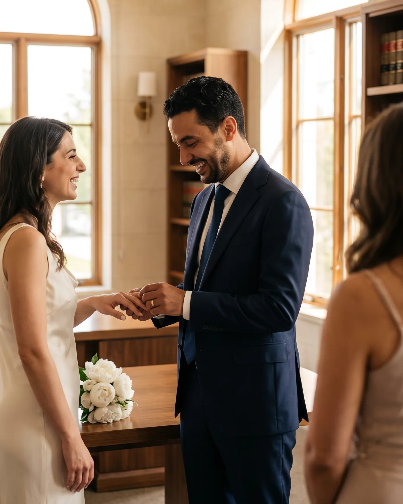 Un couple échange les alliances en riant, lors d'une célébration intime au bureau