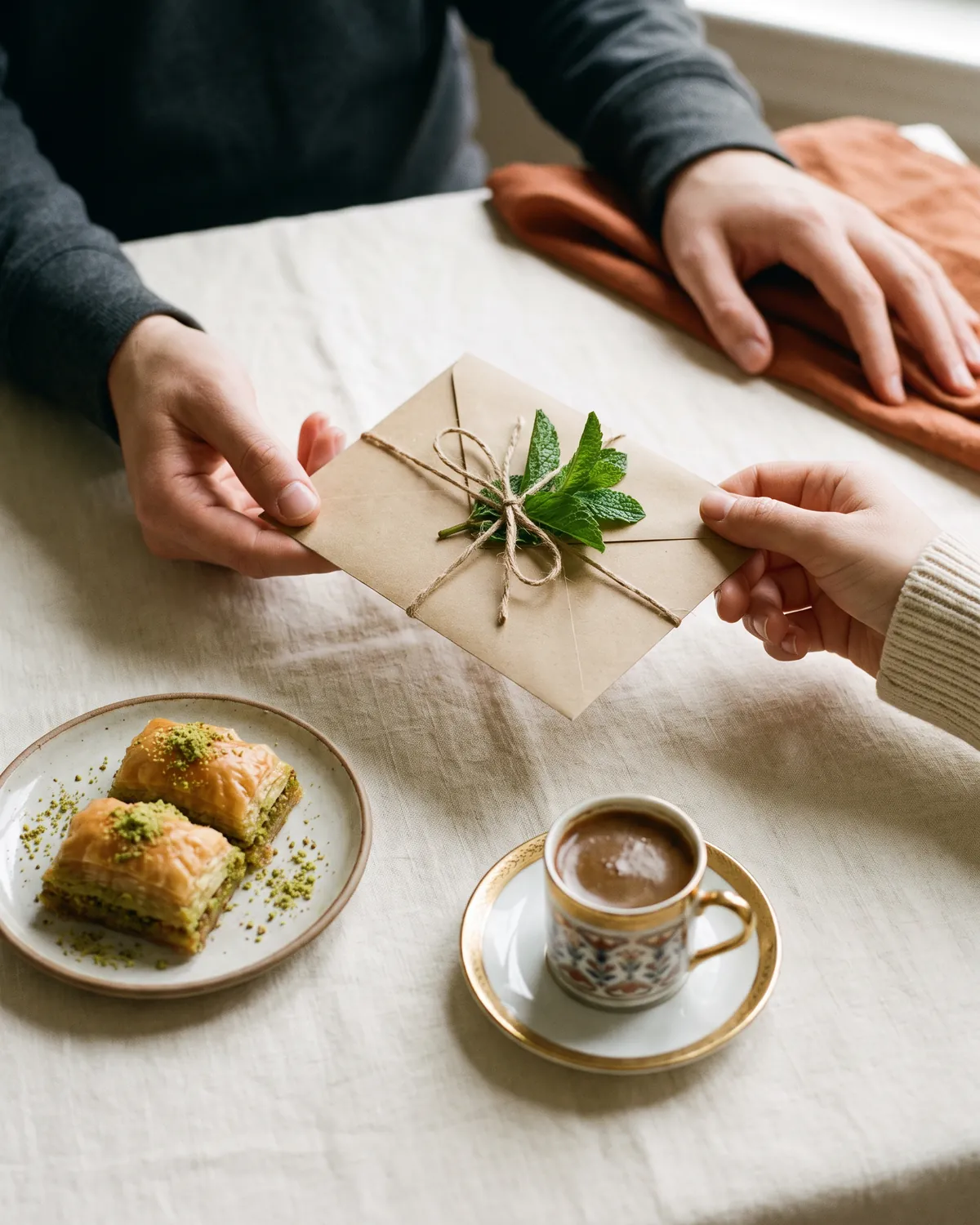 Une enveloppe kraft nouée de ficelle et de menthe, avec baklawa et café