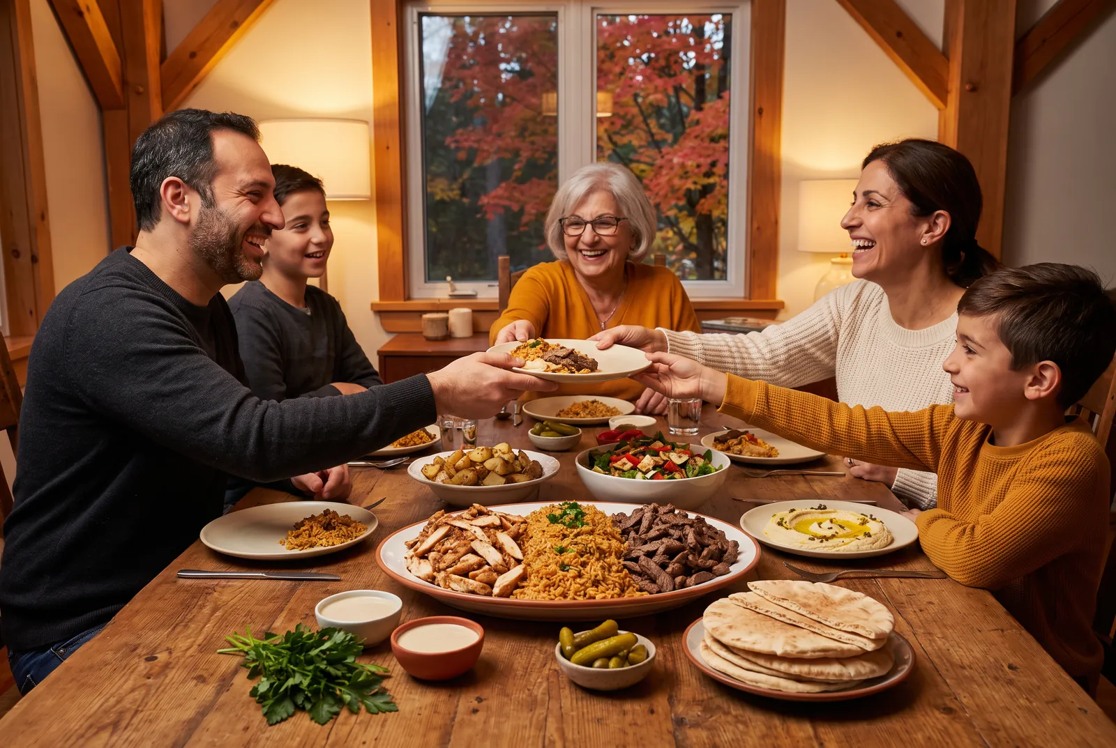 Une famille partage un plateau de shawarma à la maison, en automne