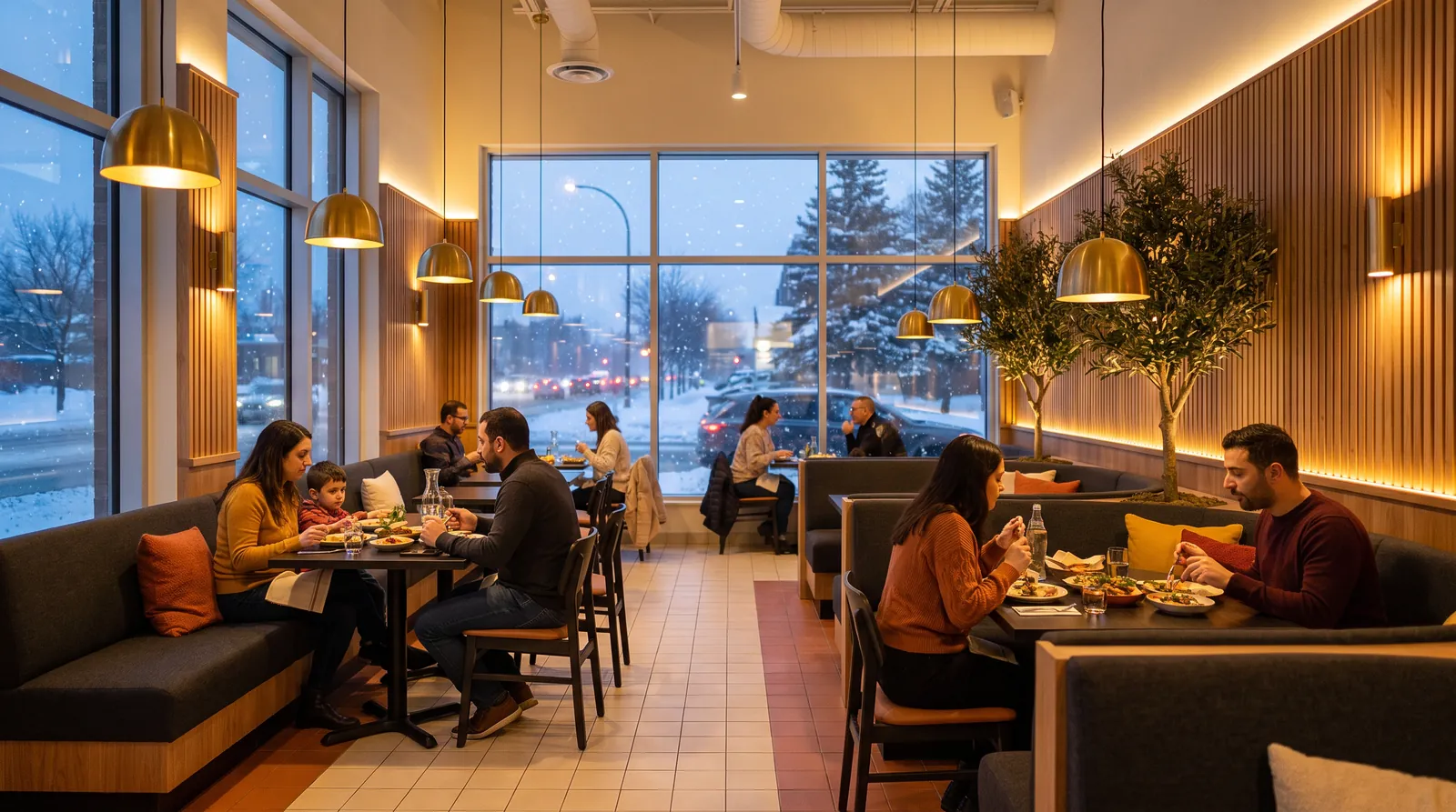 La salle à manger chaleureuse un soir de neige, des familles à table