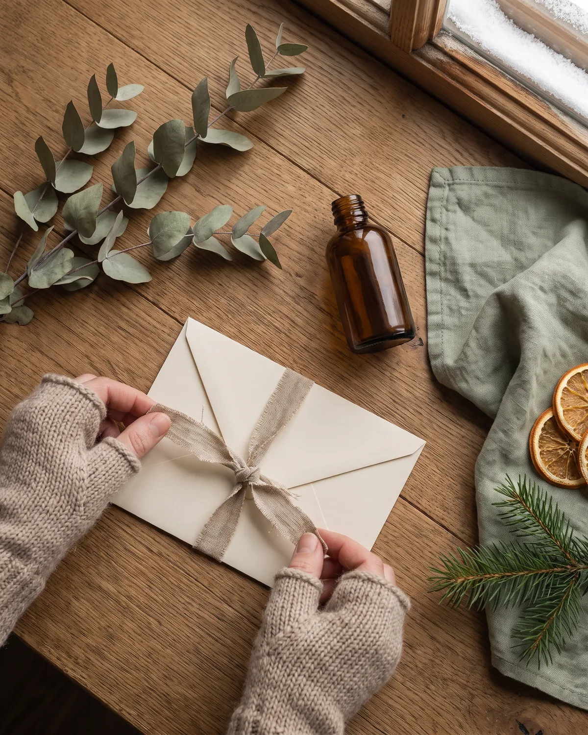 Une enveloppe crème nouée d’un ruban de lin, eucalyptus et neige sur le rebord de la fenêtre