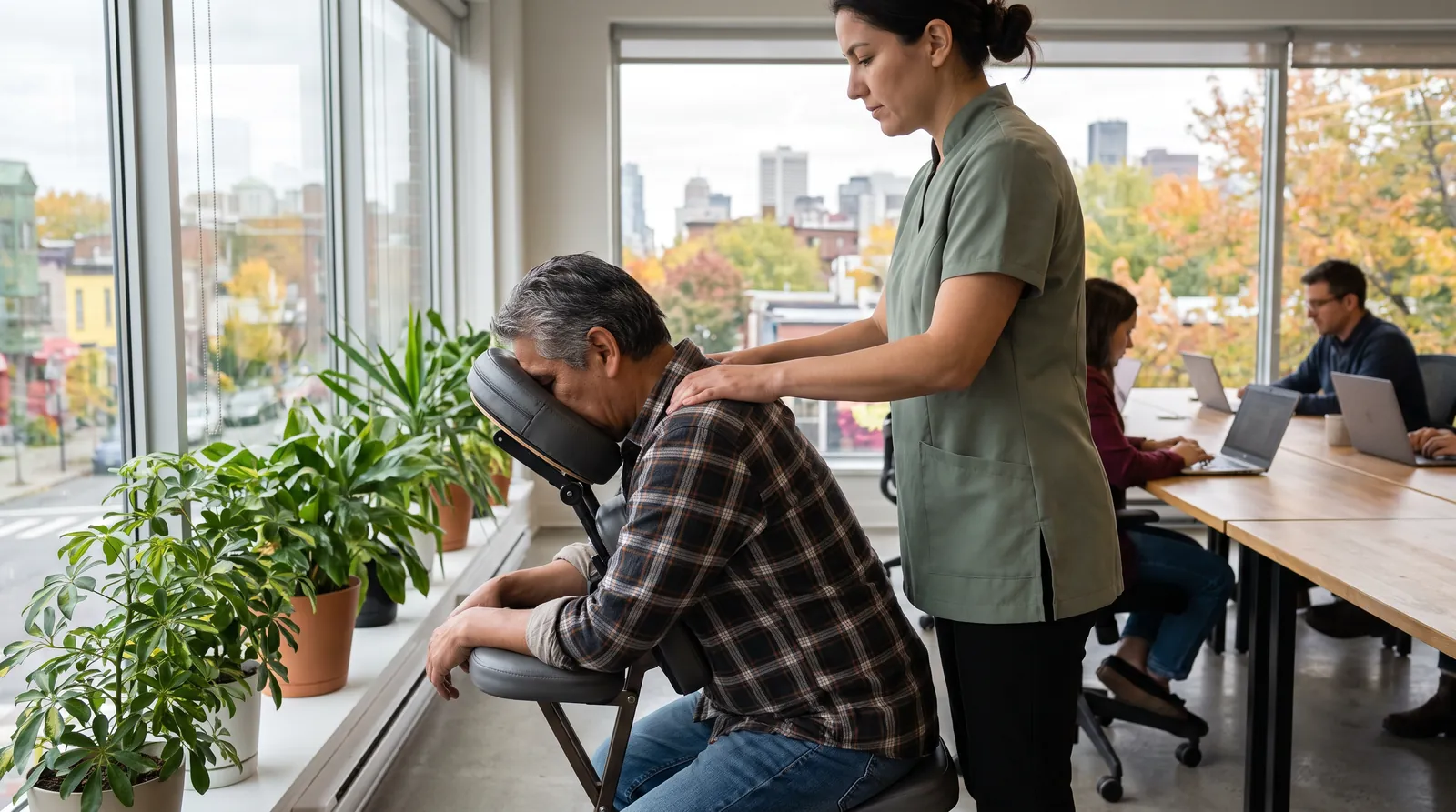 Massage sur chaise dans un bureau lumineux du centre-ville