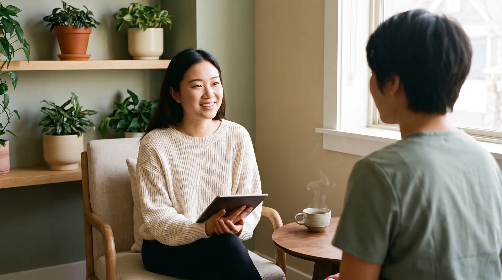 Une nouvelle cliente discute avec sa thérapeute avant son premier soin