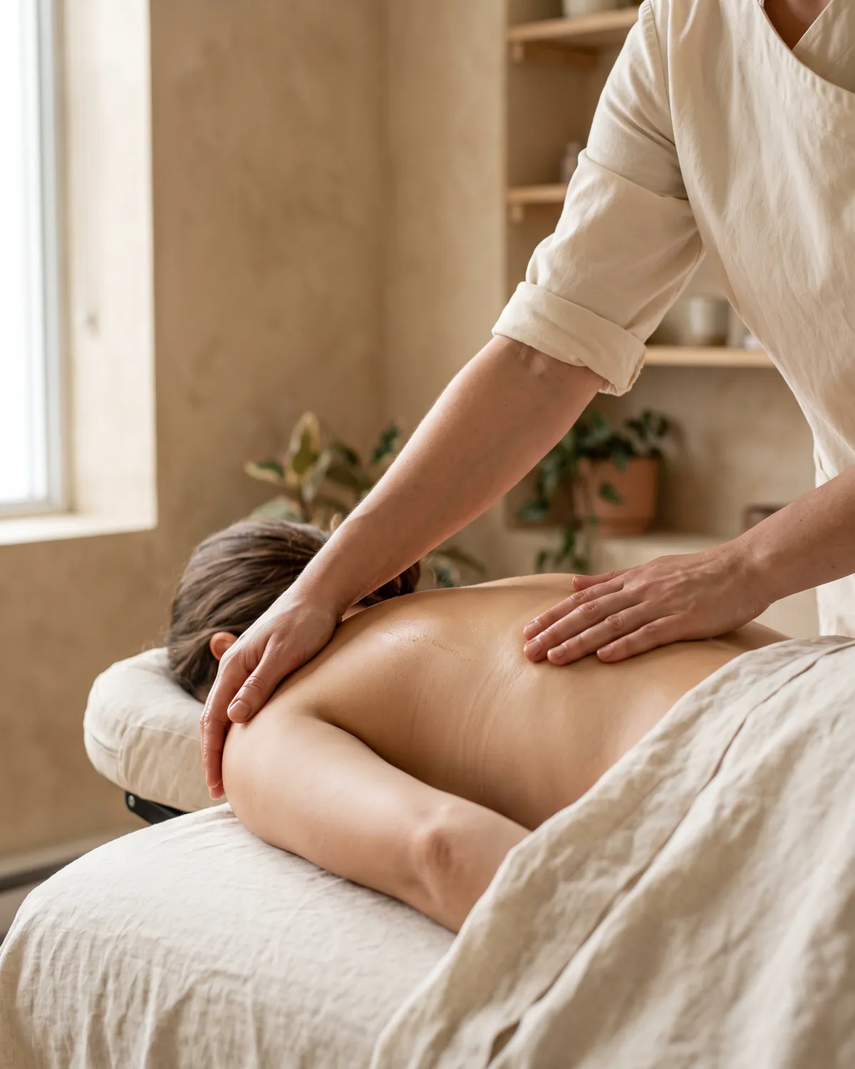 Massage thérapeutique : pression lente de l’avant-bras sur le haut du dos