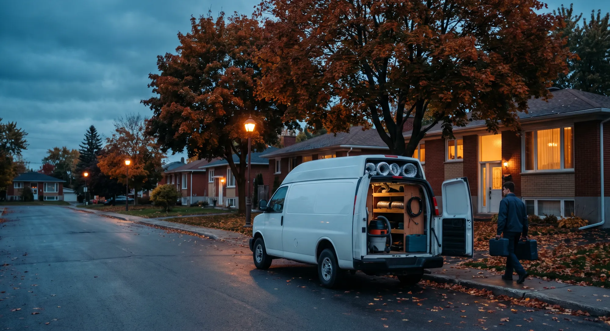 Un camion blanc sans inscription, portes arrière ouvertes, dans une rue de Laval au crépuscule d’octobre