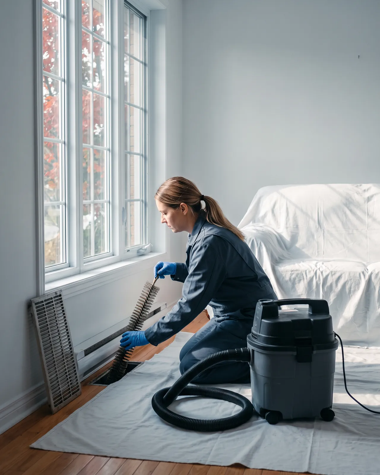 Une technicienne passe une brosse rotative dans une bouche de plancher, dans un salon protégé par des toiles