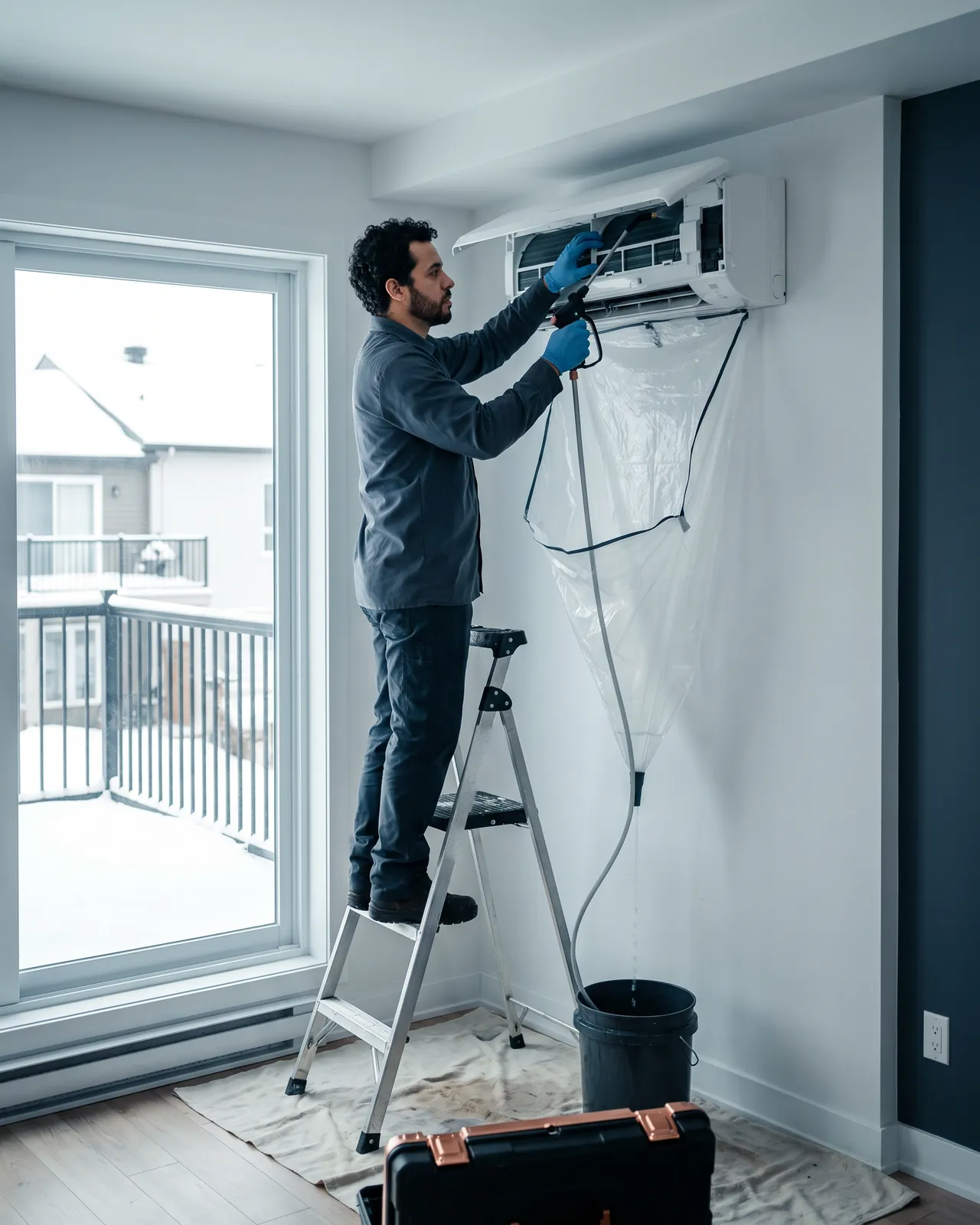 Un technicien sur un escabeau nettoie la tête intérieure d’une thermopompe murale, une housse recueille l’eau de rinçage