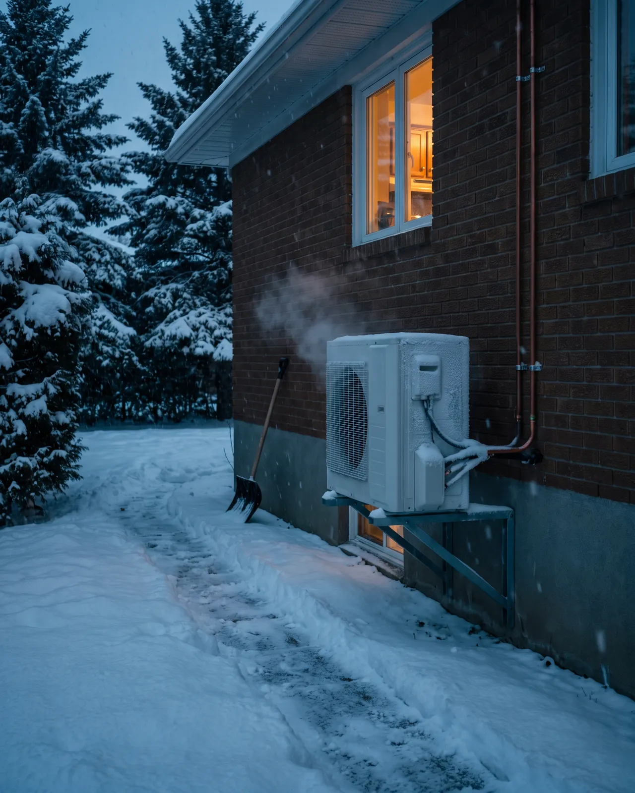 Une thermopompe extérieure couverte de givre fume pendant son dégivrage, au crépuscule, derrière un bungalow de Laval enneigé
