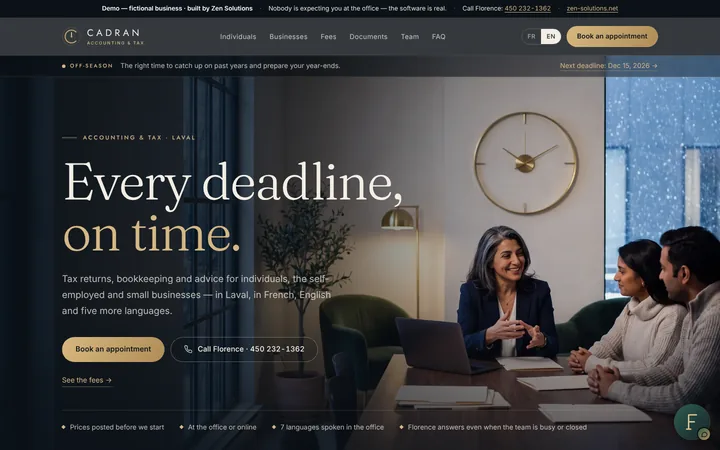 The demo website of Cadran, built on Zen Solutions