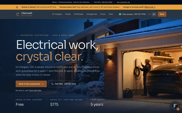 The demo website of Clairwatt Électrique, built on Zen Solutions