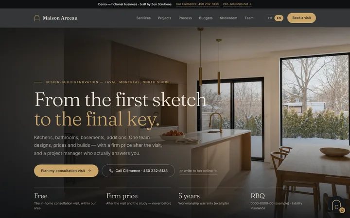The demo website of Maison Arceau, built on Zen Solutions