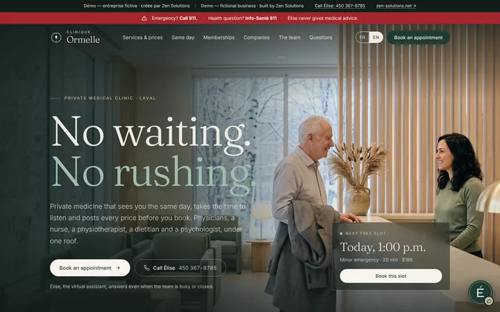 The demo website of Clinique Ormelle, built on Zen Solutions