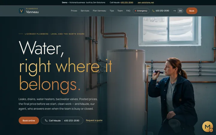 The demo website of Plomberie Vanneau, built on Zen Solutions