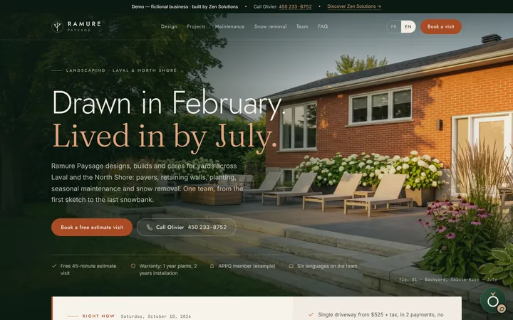 The demo website of Ramure Paysage, built on Zen Solutions