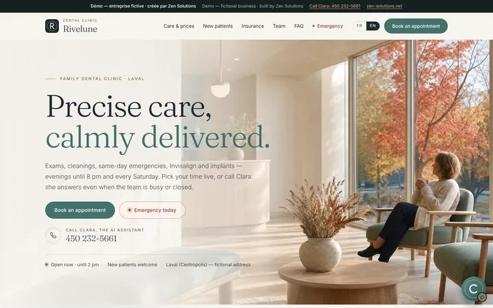 The demo website of Clinique dentaire Rivelune, built on Zen Solutions