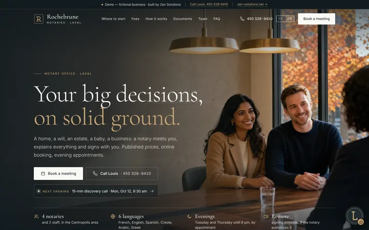 The demo website of Rochebrune Notaires, built on Zen Solutions