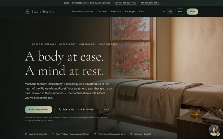 The demo website of Studio Serenity, built on Zen Solutions