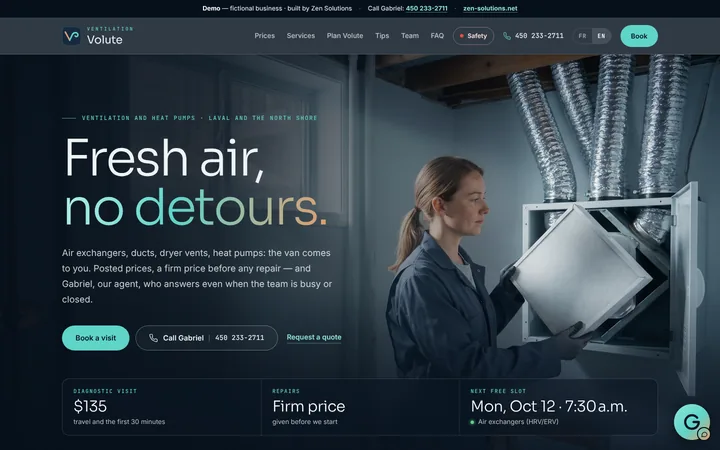The demo website of Volute Ventilation, built on Zen Solutions