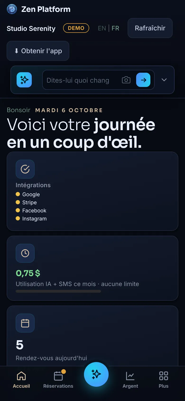 L’application Zen sur un téléphone : l’assistant IA en haut de l’écran et la journée de l’entreprise démo Studio Serenity