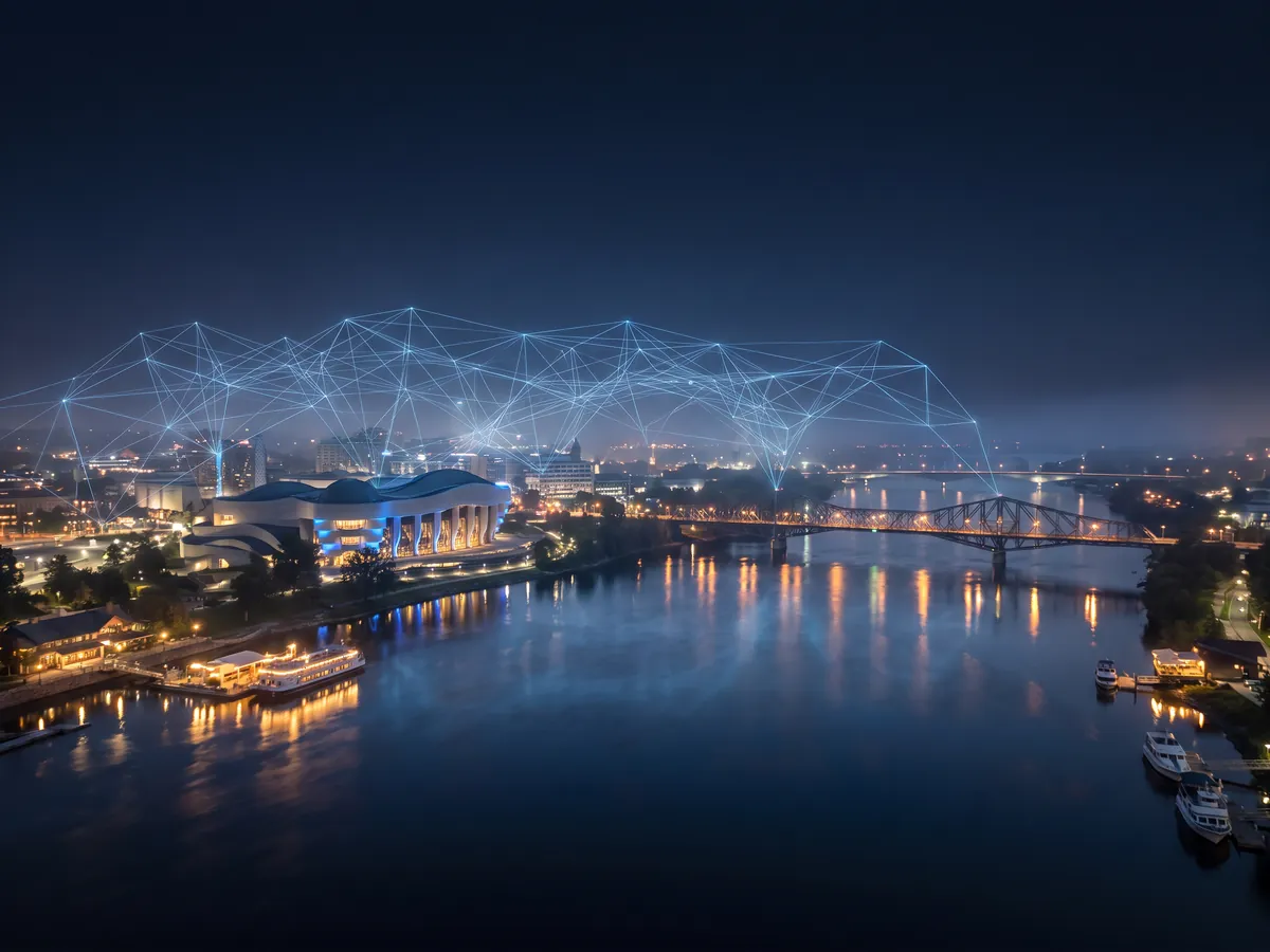 Illustration : Gatineau la nuit, la rivière des Outaouais et un réseau de lumière
