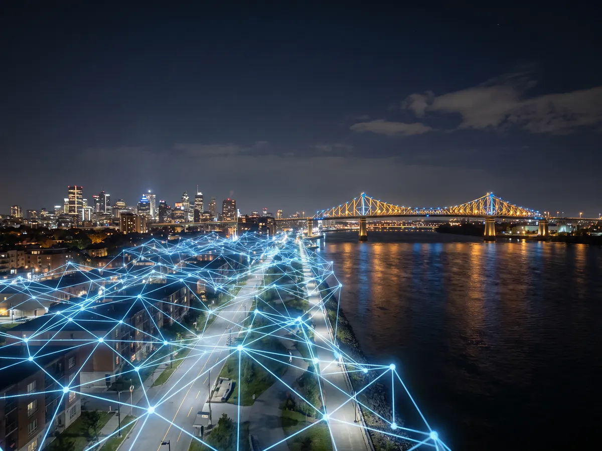 Illustration: Longueuil at night, the Jacques-Cartier bridge and a network of light